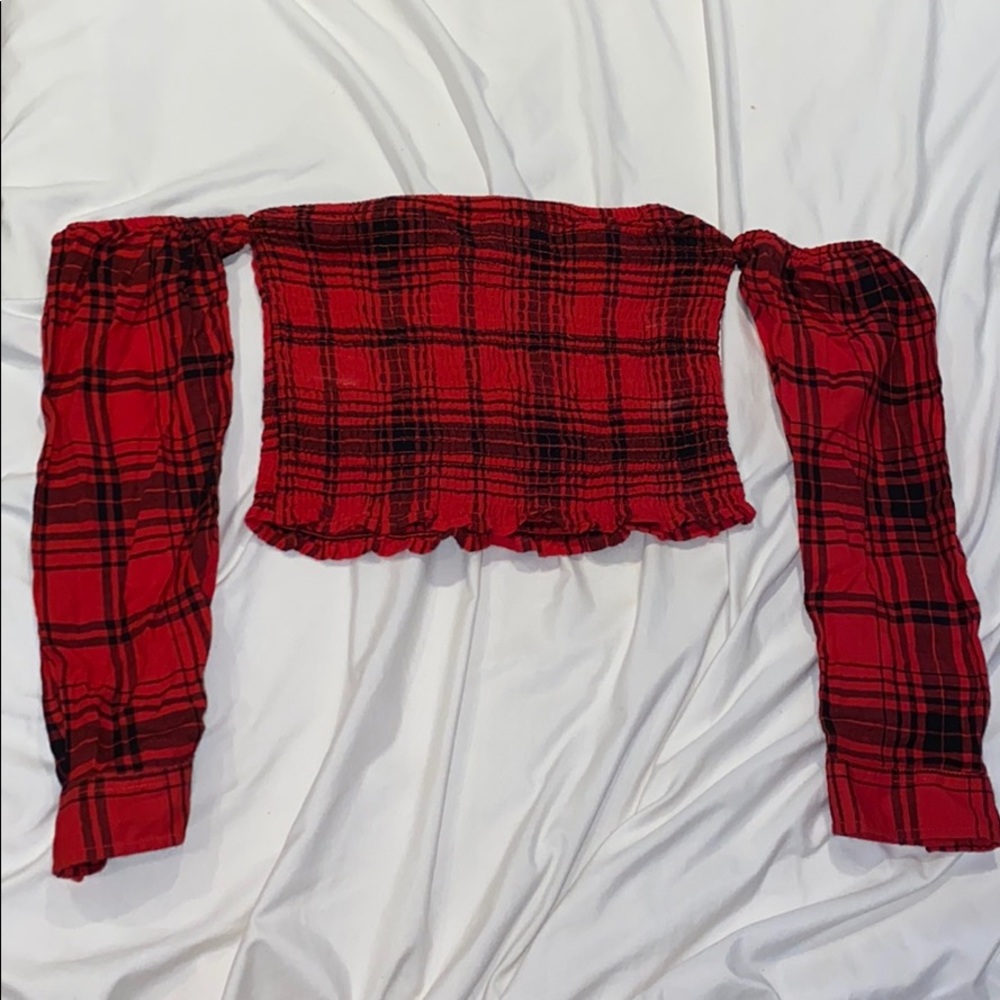 Red and black off-the-shoulder shirt